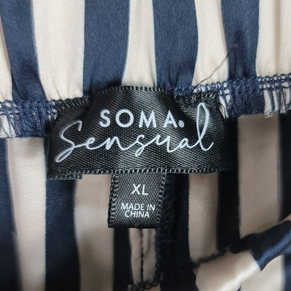 Soma Sensual Satin Striped Pajama Set Tan Black XL Long Pants Short Sleeve 2 PC - Picture 12 of 13